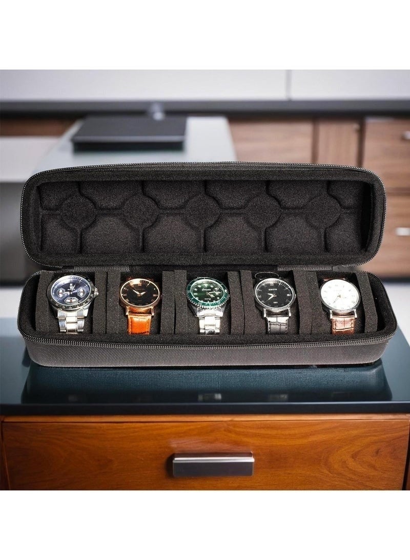 Luxury Round Watch Organizer Case – Holds 5 Watches, Shockproof and Scratch-Resistant Travel Storage Box with Soft Velvet Lining and Foam Cushions, Durable Nylon Exterior, Black, 32.5 × 8.5 × 9 cm - Image 2